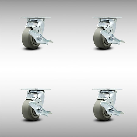Service Caster 4 Inch SS Thermoplastic Rubber Swivel Caster Set with Roller Bearings and Brakes SCC-SS30S420-TPRRF-TLB-4